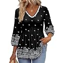 OFEEFAN 3/4 Length Sleeve Womens Tops 2026 Blouses for Women Dressy Casual Fashion Clothing V Neck Babydoll Tops Fall Outfits