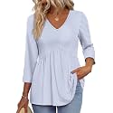 OFEEFAN 3/4 Length Sleeve Womens Tops 2026 Blouses for Women Dressy Casual Fashion Clothing V Neck Babydoll Tops Fall Outfits