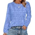 OFEEFAN Blouses for Women Dressy Casual Spring Tops 2026 Summer Outfits Flower Lace Crochet Long Sleeve Shirts