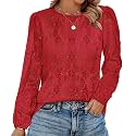 OFEEFAN Blouses for Women Dressy Casual Spring Tops 2026 Summer Outfits Flower Lace Crochet Long Sleeve Shirts