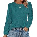 OFEEFAN Blouses for Women Dressy Casual Spring Tops 2026 Summer Outfits Flower Lace Crochet Long Sleeve Shirts
