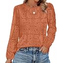 OFEEFAN Blouses for Women Dressy Casual Spring Tops 2026 Summer Outfits Flower Lace Crochet Long Sleeve Shirts