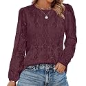 OFEEFAN Blouses for Women Dressy Casual Spring Tops 2026 Summer Outfits Flower Lace Crochet Long Sleeve Shirts