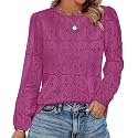 OFEEFAN Blouses for Women Dressy Casual Spring Tops 2026 Summer Outfits Flower Lace Crochet Long Sleeve Shirts