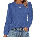 OFEEFAN Blouses for Women Dressy Casual Spring Tops 2026 Summer Outfits Flower Lace Crochet Long Sleeve Shirts