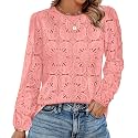 OFEEFAN Blouses for Women Dressy Casual Spring Tops 2026 Summer Outfits Flower Lace Crochet Long Sleeve Shirts