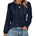 OFEEFAN Blouses for Women Dressy Casual Spring Tops 2026 Summer Outfits Flower Lace Crochet Long Sleeve Shirts