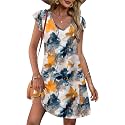 OFEEFAN Womens Summer Dresses 2026 Ruffle Sleeve V Neck Loose Swing Sundresses with Pockets Plain/Print