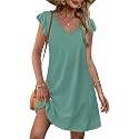OFEEFAN Womens Summer Dresses 2026 Ruffle Sleeve V Neck Loose Swing Sundresses with Pockets Plain/Print