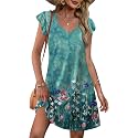 OFEEFAN Womens Summer Dresses 2026 Ruffle Sleeve V Neck Loose Swing Sundresses with Pockets Plain/Print