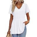 OFEEFAN Womens Summer Tops Babydoll Short Sleeve Shirts Puff Sleeve Peplum Tops V Neck T Shirts