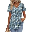 OFEEFAN Womens Summer Tops Babydoll Short Sleeve Shirts Puff Sleeve Peplum Tops V Neck T Shirts