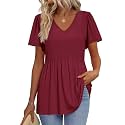 OFEEFAN Womens Summer Tops Babydoll Short Sleeve Shirts Puff Sleeve Peplum Tops V Neck T Shirts