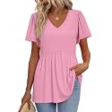 OFEEFAN Womens Summer Tops Babydoll Short Sleeve Shirts Puff Sleeve Peplum Tops V Neck T Shirts
