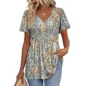 OFEEFAN Womens Summer Tops Babydoll Short Sleeve Shirts Puff Sleeve Peplum Tops V Neck T Shirts
