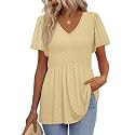 OFEEFAN Womens Summer Tops Babydoll Short Sleeve Shirts Puff Sleeve Peplum Tops V Neck T Shirts