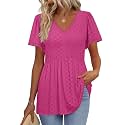 OFEEFAN Womens Summer Tops Babydoll Short Sleeve Shirts Puff Sleeve Peplum Tops V Neck T Shirts