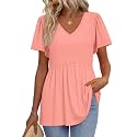 OFEEFAN Womens Summer Tops Babydoll Short Sleeve Shirts Puff Sleeve Peplum Tops V Neck T Shirts