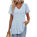 OFEEFAN Womens Summer Tops Babydoll Short Sleeve Shirts Puff Sleeve Peplum Tops V Neck T Shirts