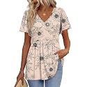 OFEEFAN Womens Summer Tops Babydoll Short Sleeve Shirts Puff Sleeve Peplum Tops V Neck T Shirts