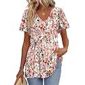 OFEEFAN Womens Summer Tops Babydoll Short Sleeve Shirts Puff Sleeve Peplum Tops V Neck T Shirts