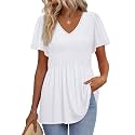 OFEEFAN Womens Summer Tops Babydoll Short Sleeve Shirts Puff Sleeve Peplum Tops V Neck T Shirts