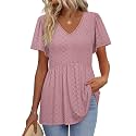 OFEEFAN Womens Summer Tops Babydoll Short Sleeve Shirts Puff Sleeve Peplum Tops V Neck T Shirts