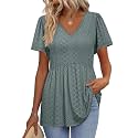 OFEEFAN Womens Summer Tops Babydoll Short Sleeve Shirts Puff Sleeve Peplum Tops V Neck T Shirts