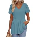 OFEEFAN Womens Summer Tops Babydoll Short Sleeve Shirts Puff Sleeve Peplum Tops V Neck T Shirts