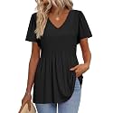 OFEEFAN Womens Summer Tops Babydoll Short Sleeve Shirts Puff Sleeve Peplum Tops V Neck T Shirts