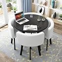 Office Table and Chairs Set, Round Dining Table and Chairs Set 4, Reception Room Club Table Set, Space-Saving Small Meeting Room Table for Home Living Room Balcony Cafe Break Room, PU White