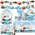 Ofishally One Birthday Decorations,142Pcs Fish 1st Birthday Party Supplies Our Little Man Is Ofishally Turning Plates Napkins Cups Tablecloth for O Fishally One First birthday Party Supplies
