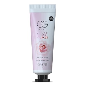 og beauty wild rose hand cream  non sticky and quick absorbing formula  heals and smoothens dry hands and cuticles  suitable for all skin types  50 gm