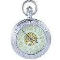 OGLE Waterproof Magnifier Skeleton Chain Silver Luminous Fob Self Winding Automatic Mechanical Pocket Watch