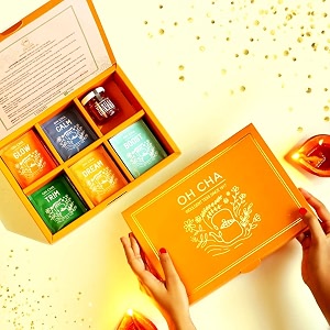 oh cha - assorted tea gift set  tea bags gift box  multiflora honey  trim dream glow boost and calm flavors  healthy detox green tea for weight loss good sleep skin amp hair care  100 natural ingredients  wellness collection pack  35 tea bags  honey jar