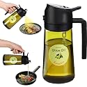 Oil Sprayer for Cooking,470ml Cooking Olive Oil Sprayer and Oil Dispenser 2 In 1, Food-grade Glass Oil Spray Bottle Mister for Air Fryer, BBQ, Griddle (Black+dark green glass and color label)
