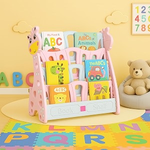ok play animal theme bookshelf for kids  4-tier display rack  storage  organizing  kids bookcase  easy assembly  compact  portable  medium  45x75x83 cm  2-6 years  pink amp grey