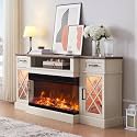 OKD 3-Sided Glass Farmhouse Electric Fireplace TV Stand for TVs up to 80'', Highboy Entertainment Center with Glass Door Storage Cabinet, 70'' Large TV Stands with 36'' Fireplace, Antique White