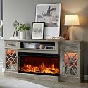 OKD 3-Sided Glass Farmhouse Fireplace TV Stand - Highboy Entertainment Center with Glass Door Storage Cabinet, 70'' Large TV Stands with Electric Fireplace, Light Rustic Oak