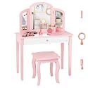 Olakids Kids Vanity Set, 2 in 1 Wooden Princess Makeup Table and Chair with Tri-Folding DetachableMirror Storage Drawer for Girls, Toddler Dressing Desk Pretend Beauty Play Set Toy Gift (Pink)