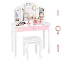 Olakids Kids Vanity Set, 2 in 1 Wooden Princess Makeup Table and Chair with Tri-Folding Detachable Mirror Storage Drawer for Girls, Toddler Dressing Desk Pretend Beauty Play Set Toy Gift (White)