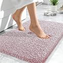OLANLY Microfiber Bathroom Rugs 24x16, Quick Dry Mat, Deep Rose and White