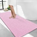 OLANLY Thick Chenille Bathroom Runner Rugs 44x24, Absorbent Bath Mat, Pink