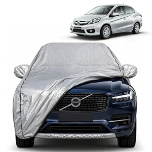 old amaze 100 waterproof car cover  dustproof sun protection cover  soft cotton lining  triple stitched  mirror pocket  antenna pocket  all weather body cover silver with yellow piping