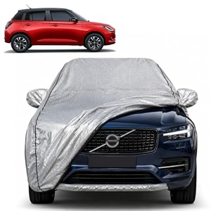 old swift 100 waterproof car cover  dustproof sun protection cover  soft cotton lining  triple stitched  mirror pocket  antenna pocket  all weather body cover silver with yellow piping