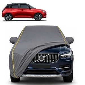 old swift 100 waterproof car cover  dustproof sun protection cover  soft cotton lining  triple stitched  mirror pocket  antenna pocket  all weather body cover grey with yellow piping