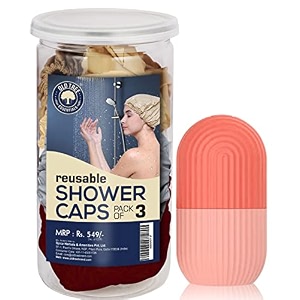 old tree reusable shower caps pack of 3 with ice roller for men and women - assorted bathing cap for hair protection waterproof clear shower caps