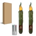 Olive Green Flameless Short Taper Candles, Real Wax Hand Dipped LED Battery Operated with Remote, Flickering Flame Lights for Party Home Décor, 6.7 Inch Primitive Flameless Candles, 2PCS