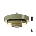 Olive Green Plug-in Pendant Light, Mid Century Modern Hanging Lamp with 14.75ft Adjustable Cord &amp; On/Off Switch, Retro Pendant Lighting for Kitchen Island Dining Room Bedroom
