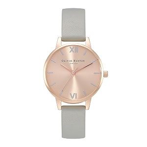olivia burton the england qtz basic slim pale rose gold sunray round dial women39s watchsteel grey leather materialgrey color band - ob16en11
